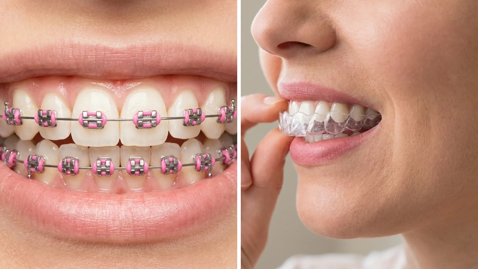 Side-by-side close-ups of metal braces with pink elastic bands and a clear Invisalign aligner