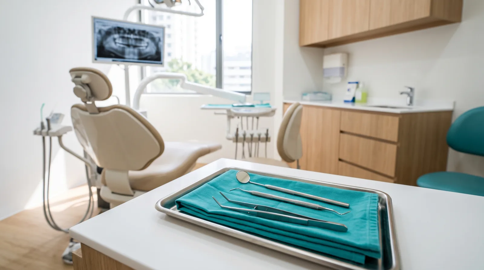 A sterile tray of dental examination instruments in a Caring Dental treatment room, with a dental X-ray displayed on the screen behind