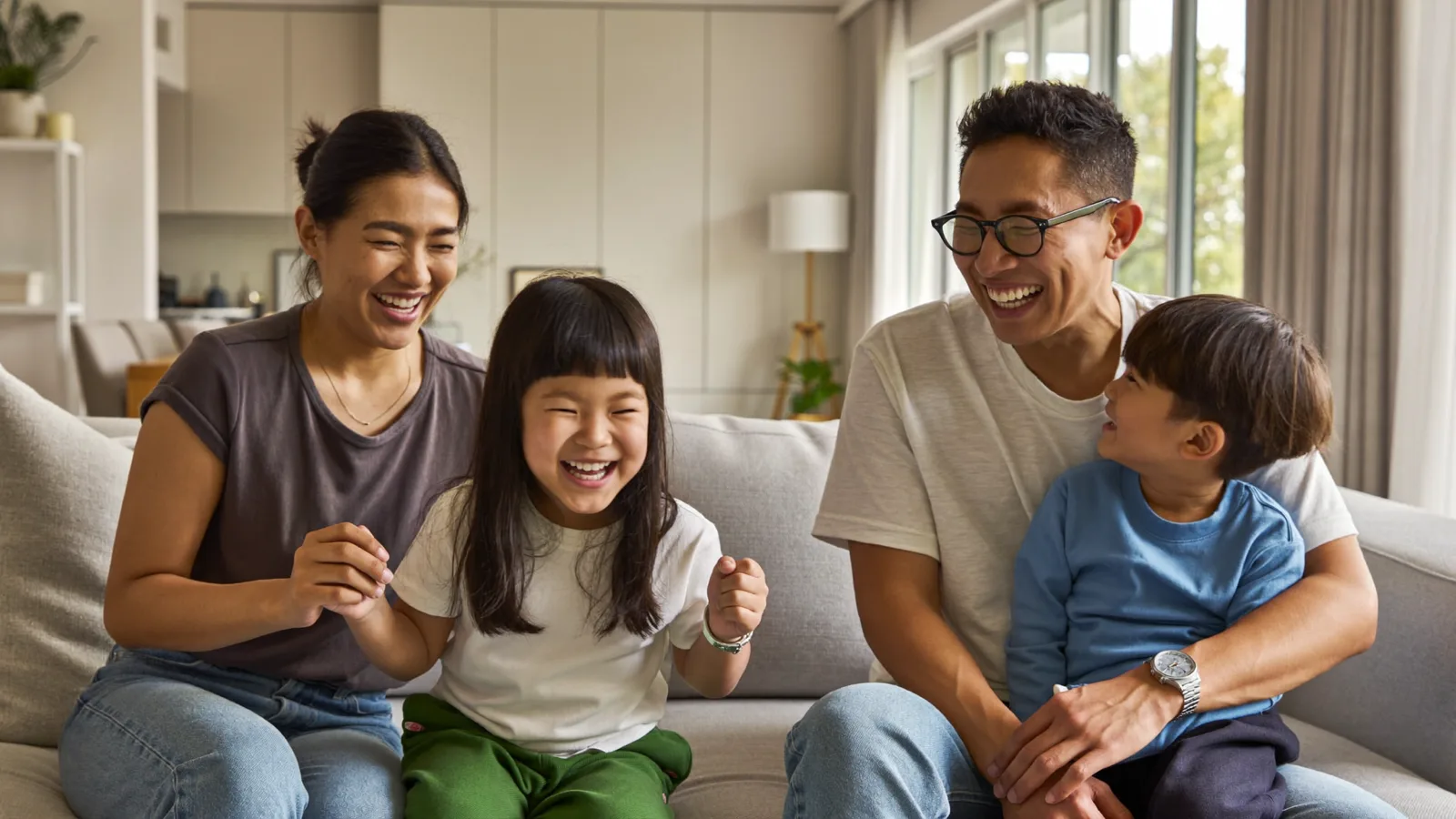 A happy young Singaporean family of four laughing together on their living room sofa
