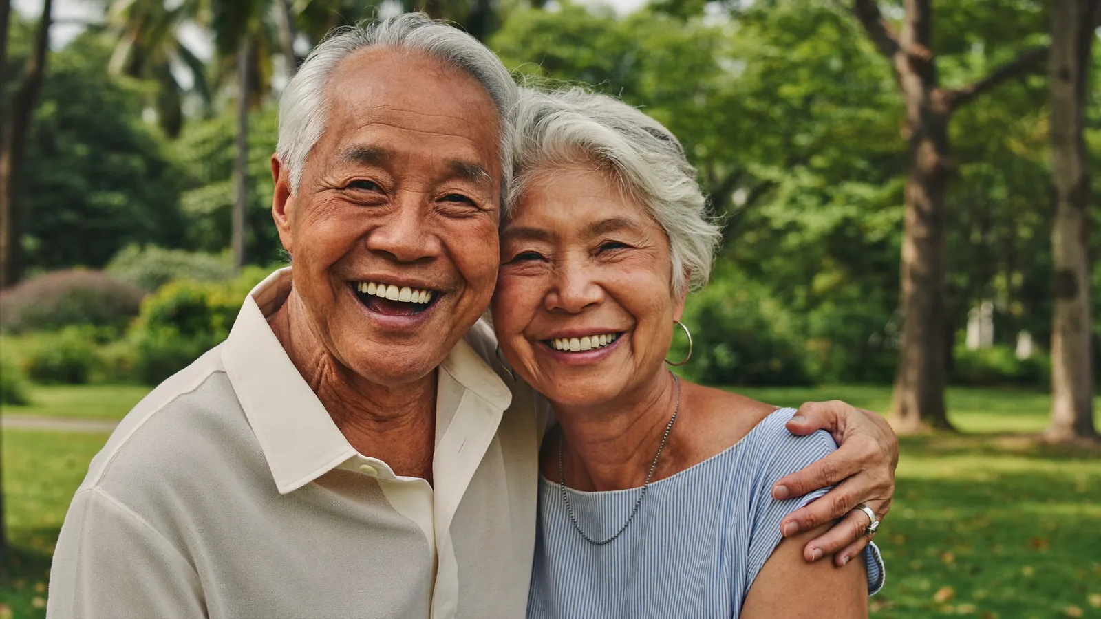 Senior couple smiling after receiving CHAS-subsidised dental treatment